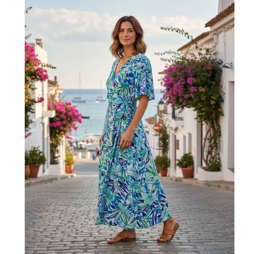 Pappagallo Maxi Dress Womens XS Tropical Beach Artsy Boho Faux Wrap Vacation NWT